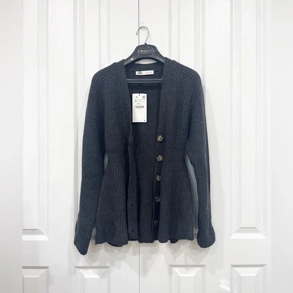 Zara | Peplum Button-Up Cardigan Sweater | Dark Gray | S - Picture 1 of 5